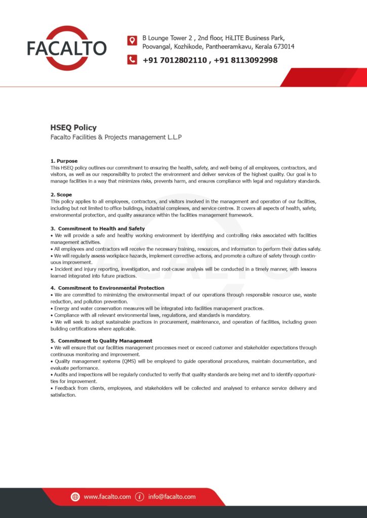 "Facalto's HSEQ commitment illustrated with safety helmet, green leaf, checklist, and heart icons representing core values."